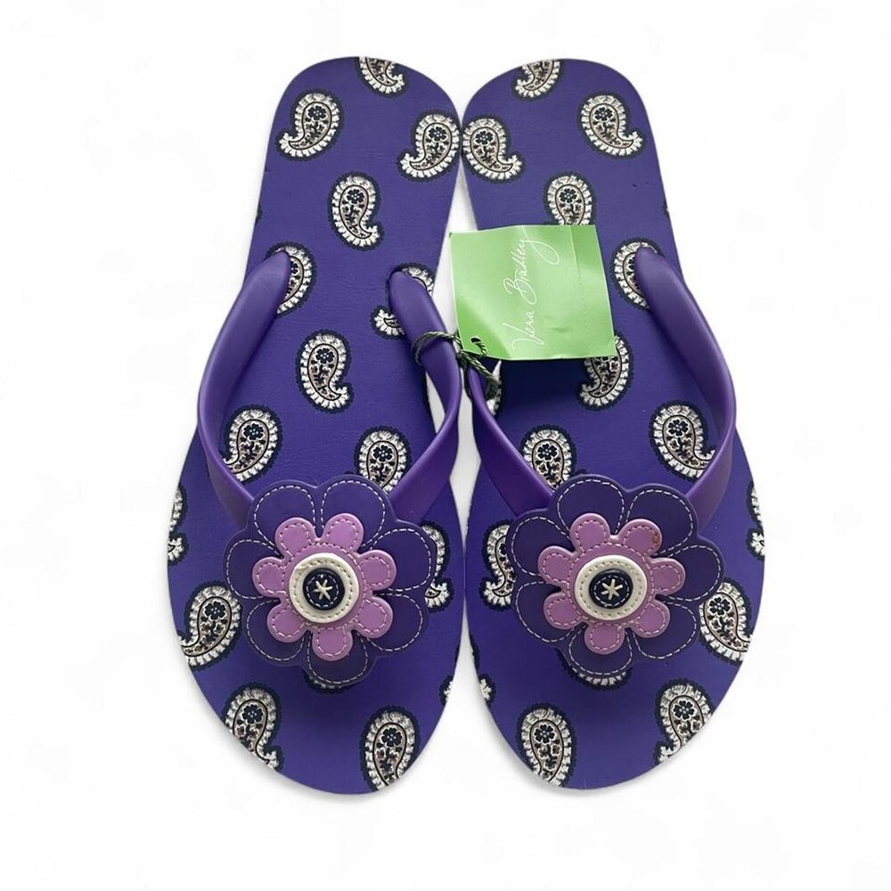 Vintage Vera Bradley Purple Paisley Print Flip Flops with Flower